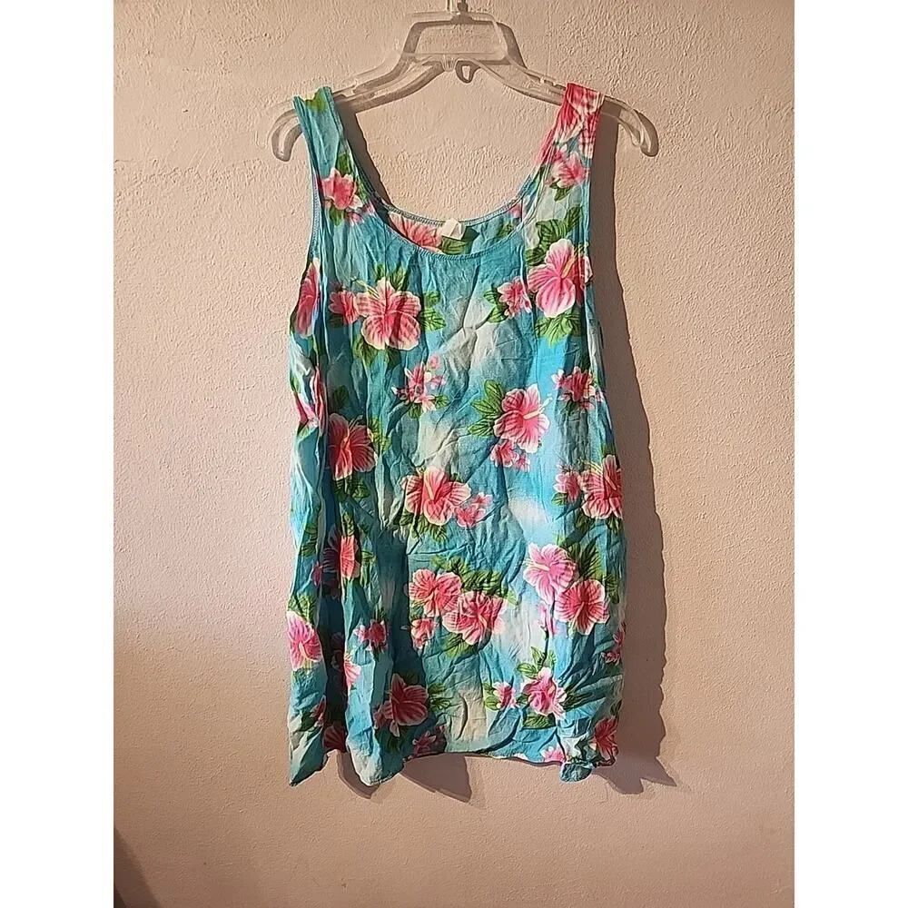 Vintage Handmade Mini Short Hawaiian House Dress Hibiscus Floral Shirt Dress XXL